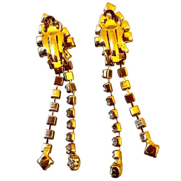 Vintage Earrings Gold-tone Crystal Rhinestones Dangle Drop Prong Set Clip-On - Picture 11 of 11